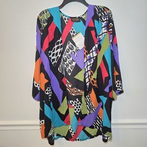 Bob Mackie Art to Wear Blue Geometric Kimono Open Cardigan Size 1X Boho Colorful